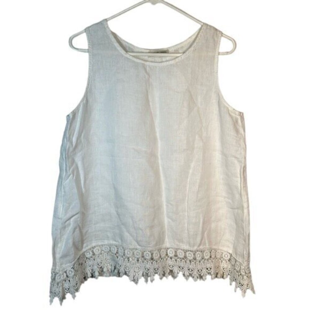 Terzo Millennio Italy White Linen Lace Sleeveless Blouse Size Medium EUC #0930AZ